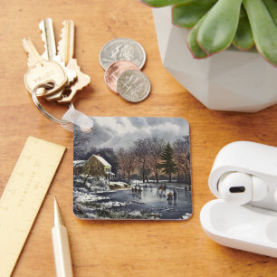 Weihnachten, Frühe Winter Skater auf einem Teich Schlüsselanhänger