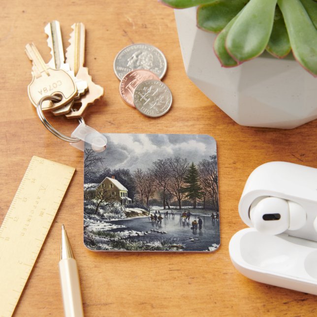 Weihnachten, Frühe Winter Skater auf einem Teich Schlüsselanhänger (Schreibtisch)