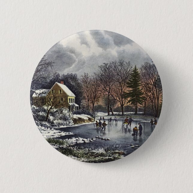 Weihnachten, Frühe Winter Skater auf Teich Button (Vorderseite)