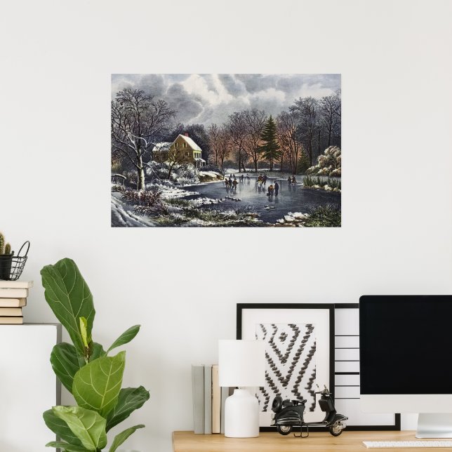 Weihnachten, Frühe Winter Skater auf Teich Poster (Heimbüro)