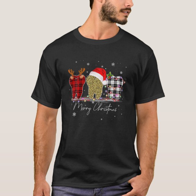 Weihnachten Funny Leopard Kariert Tooths Denta T-Shirt (Vorderseite)