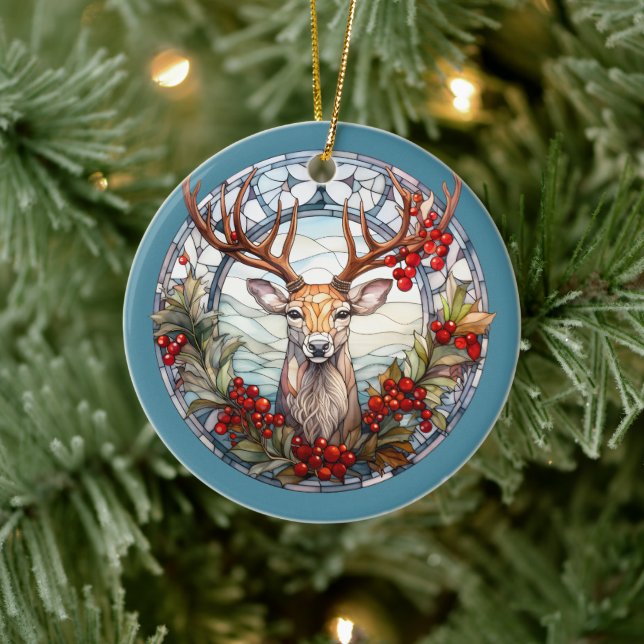 Weihnachten für Vater Hirsche Kopf Antler Red Blue Keramik Ornament (Baum)
