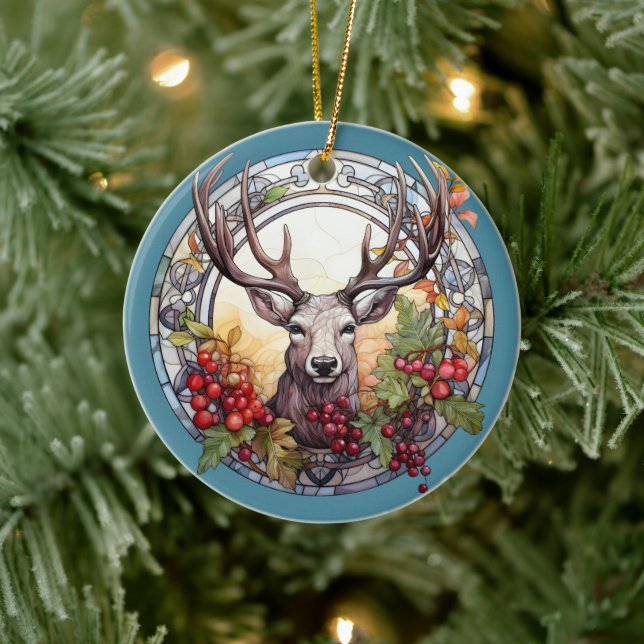Weihnachten für Vater Hirsche Kopf Antler Red Blue Keramik Ornament (Baum)