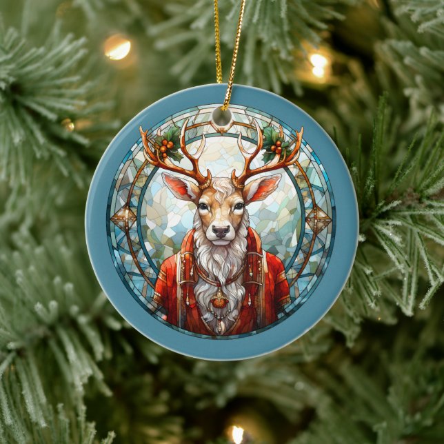 Weihnachten für Vater Hirsche Kopf Antler Red Blue Keramik Ornament (Baum)