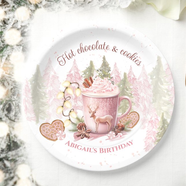 Weihnachten Geburtstag Pink Hot Chocolate Tasse Te Pappteller (Christmas Birthday Pink Hot Chocolate Mug Plates)