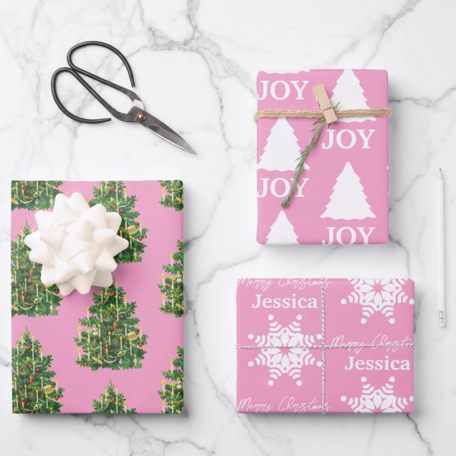 Weihnachten Girly Pink & White Muster Geschenkpapier Set (Vorderseite)