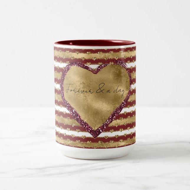Weihnachten Glitzer Gold Rote Herzen Streifen Zweifarbige Tasse (Mittel)