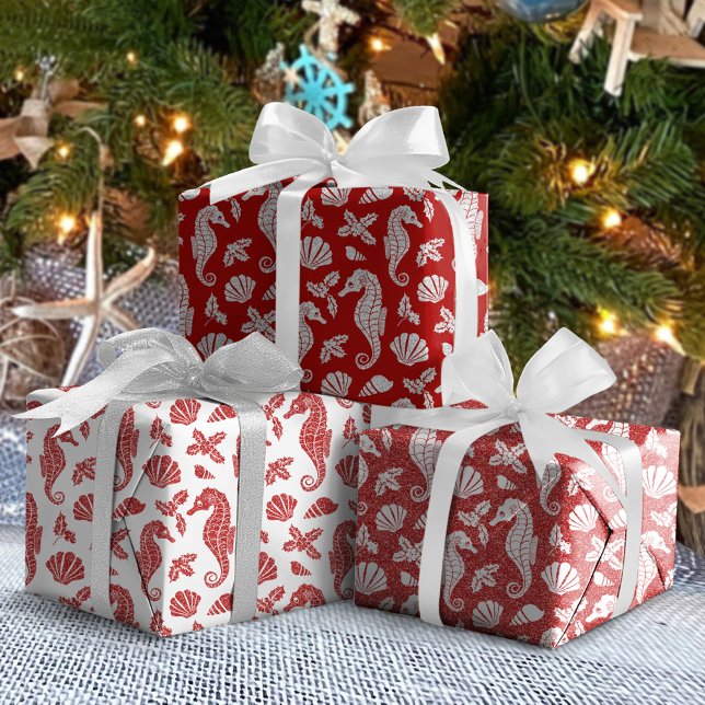 Weihnachten Glitzer Küste Seepferd Muster Rot Geschenkpapier Set (Von Creator hochgeladen)