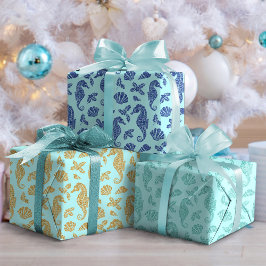 Weihnachten Glitzer Seepferd Pattern Aqua Blue Geschenkpapier Set