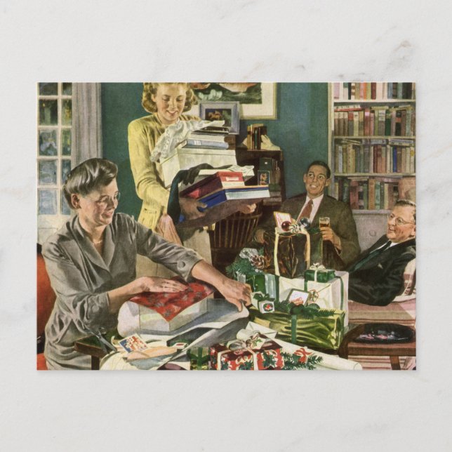 Weihnachten, glückliche Familiengeschenke Feiertagspostkarte (Vorderseite)