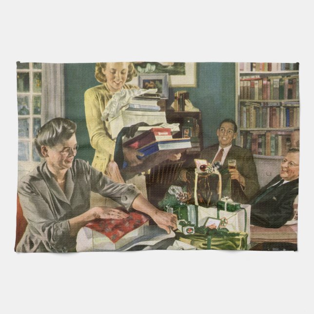 Weihnachten, glückliche Familiengeschenke Geschirrtuch (Horizontal)