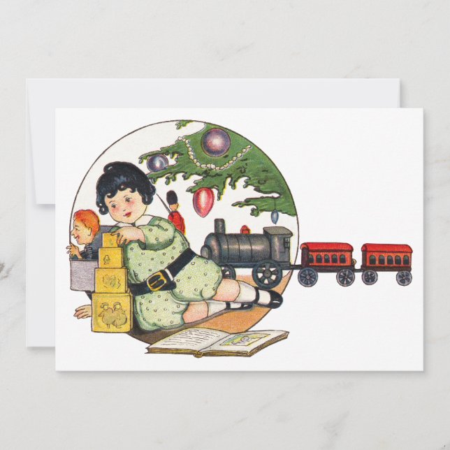 Weihnachten, glücklicher Junge spielen mit Spielze Einladung (Vorderseite)