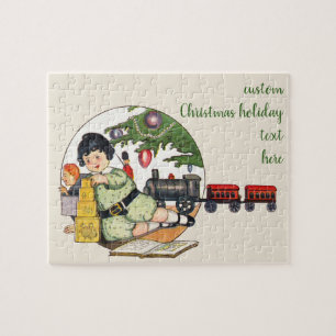 Weihnachten, glücklicher Junge spielen mit Spielze Puzzle