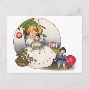 Weihnachten, glückliches Mädchen spielen mit Puppe Feiertagspostkarte