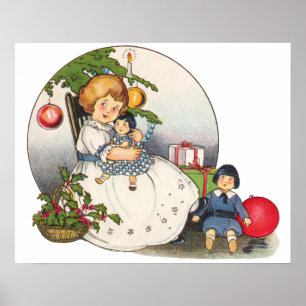 Weihnachten, glückliches Mädchen spielen mit Puppe Poster