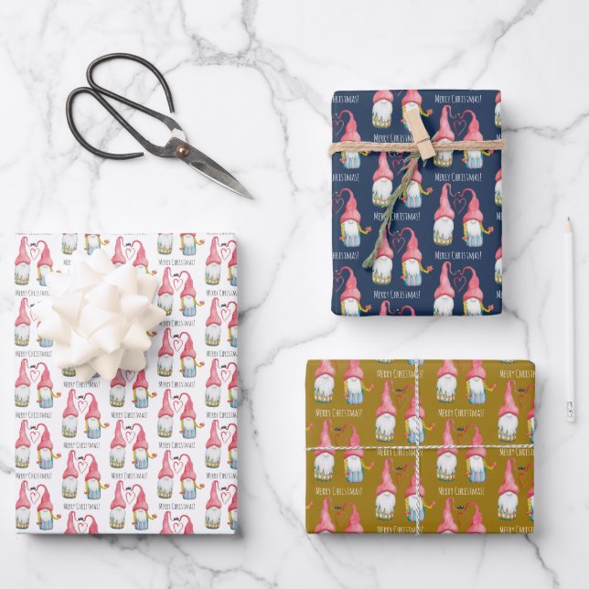 Weihnachten Gnome Personalisierte Aquarellkunst Geschenkpapier Set (Vorderseite)