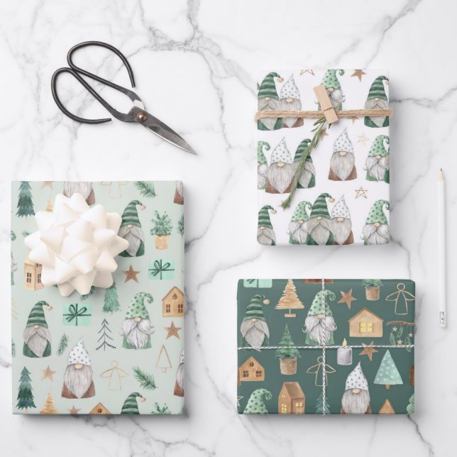 Weihnachten Gnomes White Green Gold Trendy Whimsic Geschenkpapier Set (Vorderseite)