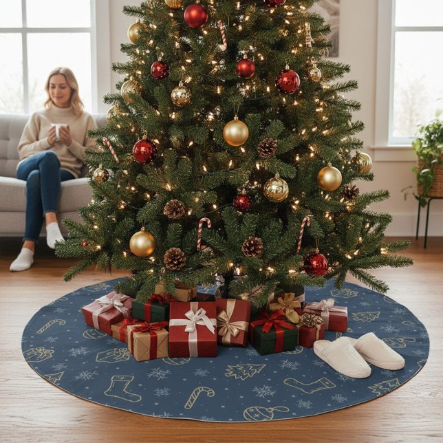 Weihnachten Gold Blue Candy Cane Geschenke Tree Polyester Weihnachtsbaumdecke (Von Creator hochgeladen)