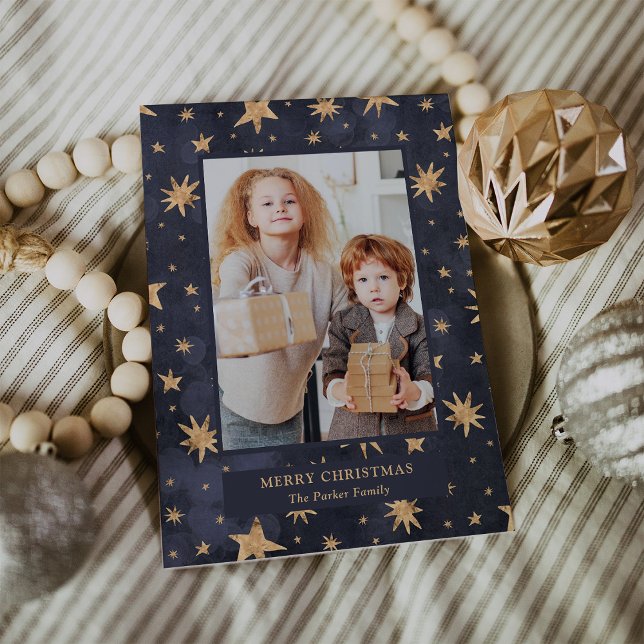 Weihnachten | Gold Stars auf blauem Foto (A blue Christmas photo card full of elegant gold stars)