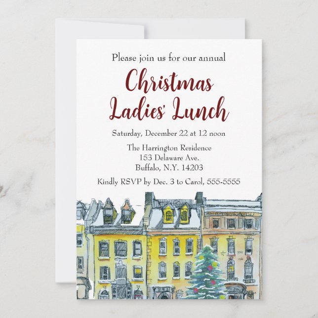 Weihnachten Gold Weißer handGezeichnet Brownstones Einladung (Vorderseite)
