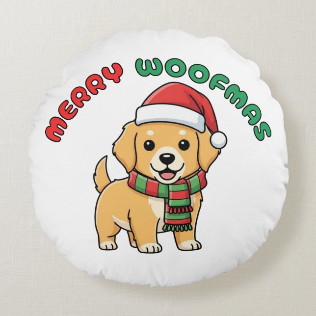 Weihnachten Golden Retriever: Fröhliche Woofmas Rundes Kissen (Vorderseite)