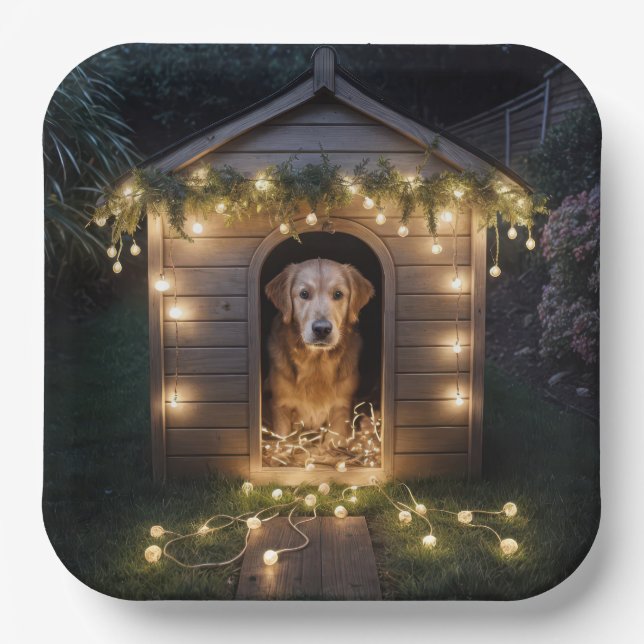 Weihnachten Golden Retriever in Doghouse Pappteller (Vorderseite)