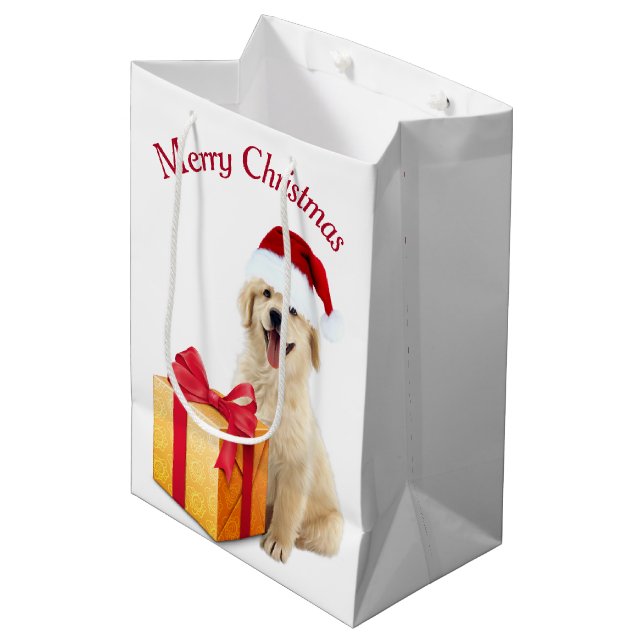 Weihnachten Golden Retriever mit Geschenk Mittlere Geschenktüte (Vorderseite Schrägansicht)