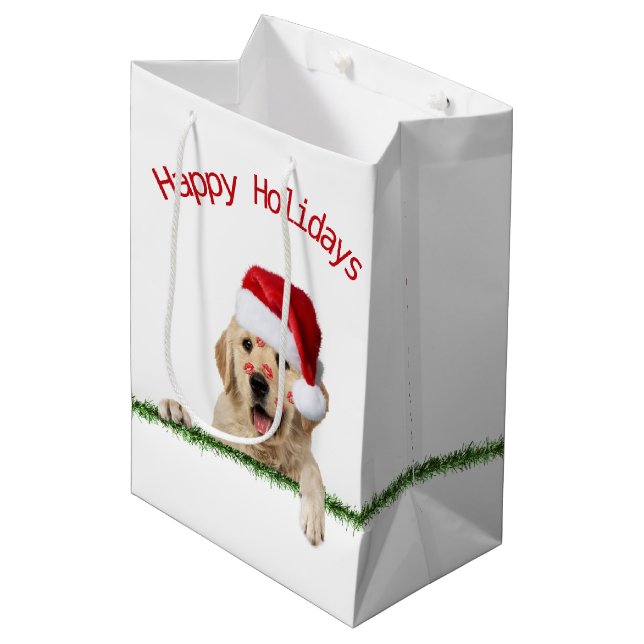 Weihnachten Golden Retriever mit Lipstick Kisses Mittlere Geschenktüte (Vorderseite Schrägansicht)