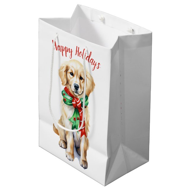 Weihnachten Golden Retriever Welpe Mittlere Geschenktüte (Vorderseite Schrägansicht)