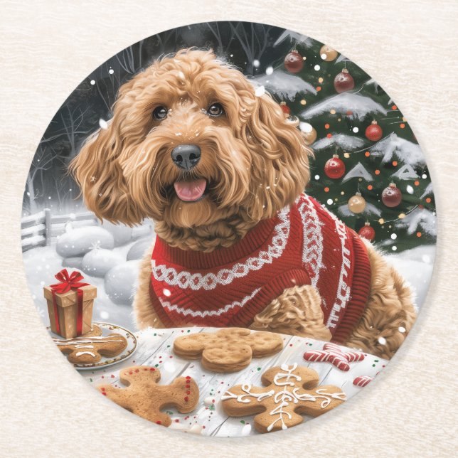 Weihnachten Goldendoodle Hunde Runder Pappuntersetzer (Vorderseite)