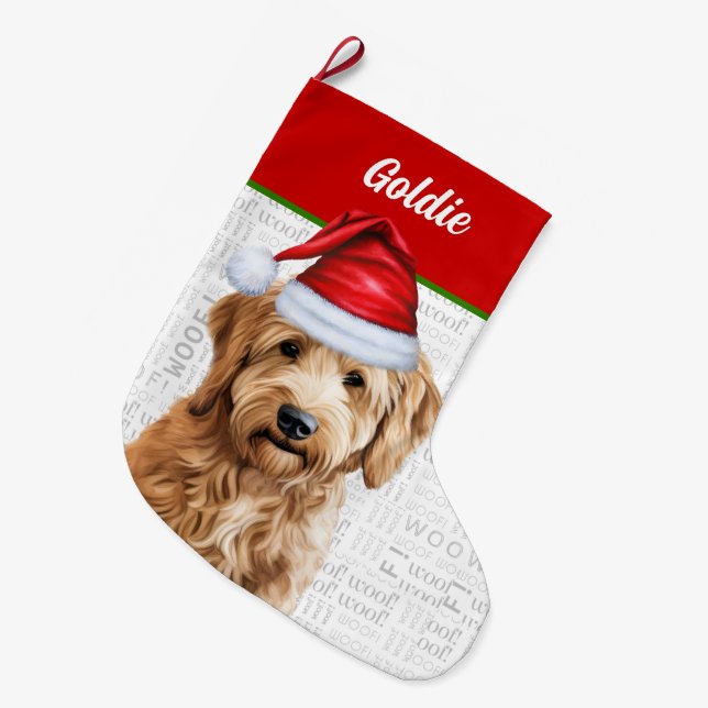 Weihnachten Goldendoodle mit dem Namen des Hundes Großer Weihnachtsstrumpf (Vorderansicht (hängend))