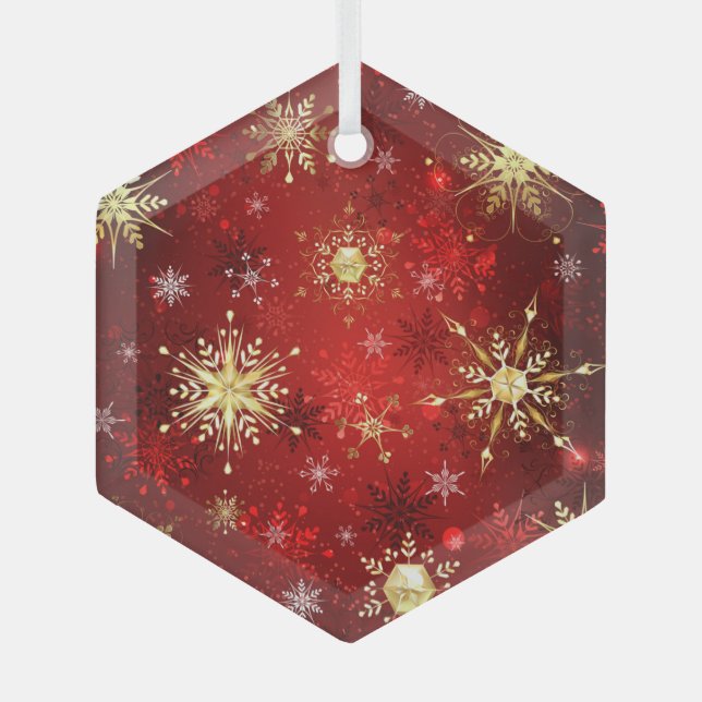 Weihnachten Goldene Schneeflocken auf Red Backgrou Ornament Aus Glas (Vorderseite)