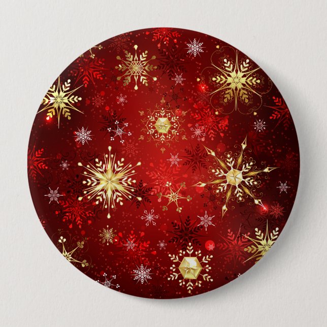Weihnachten Goldene Schneeflocken im roten Hinterg Button (Vorderseite)