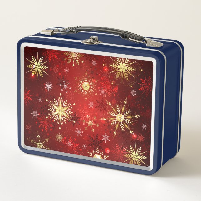 Weihnachten Goldene Schneeflocken im roten Hinterg Metall Brotdose (Vorderseite)