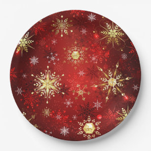 Weihnachten Goldene Schneeflocken im roten Hinterg Pappteller