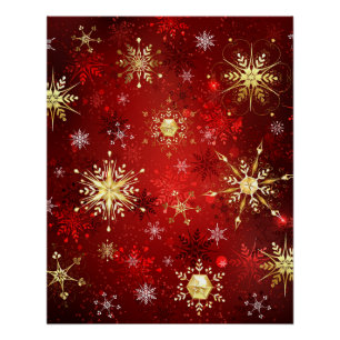 Weihnachten Goldene Schneeflocken im roten Hinterg Poster