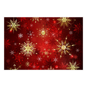 Weihnachten Goldene Schneeflocken im roten Hinterg Poster