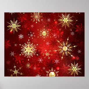 Weihnachten Goldene Schneeflocken im roten Hinterg Poster