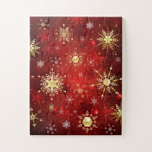 Weihnachten Goldene Schneeflocken im roten Hinterg Puzzle