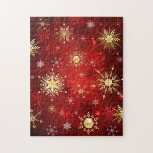 Weihnachten Goldene Schneeflocken im roten Hinterg Puzzle