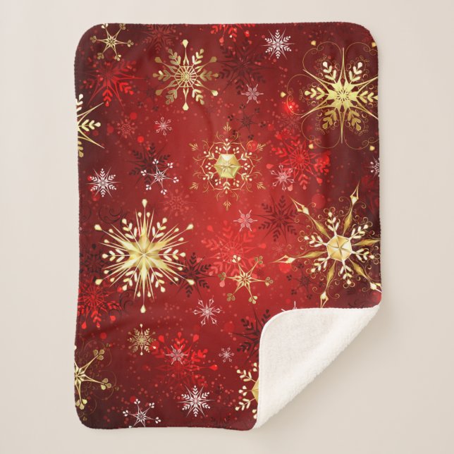 Weihnachten Goldene Schneeflocken im roten Hinterg Sherpadecke (Vorderseite)