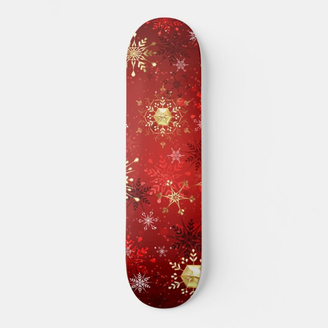 Weihnachten Goldene Schneeflocken im roten Hinterg Skateboard (Vorderseite)