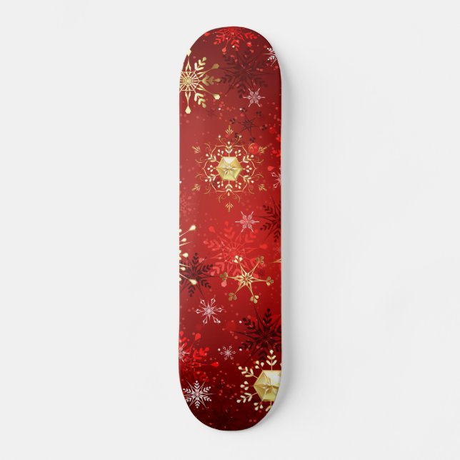 Weihnachten Goldene Schneeflocken im roten Hinterg Skateboard (Vorderseite)