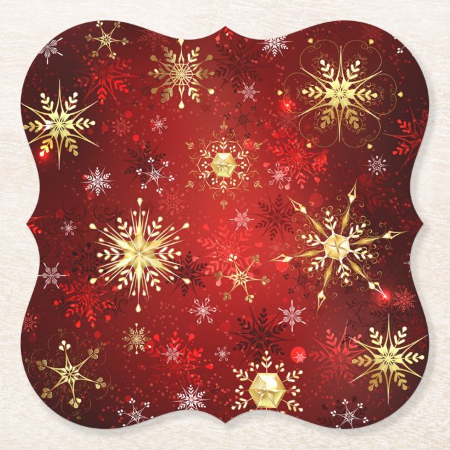 Weihnachten Goldene Schneeflocken im roten Hinterg Untersetzer (Vorderseite)