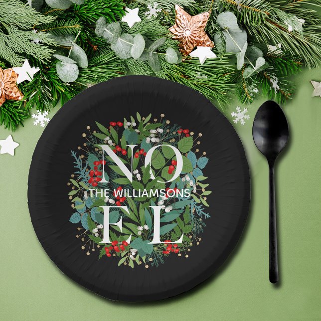 WEIHNACHTEN Greenery Personalisiert Black Christma Pappteller (Von Creator hochgeladen)