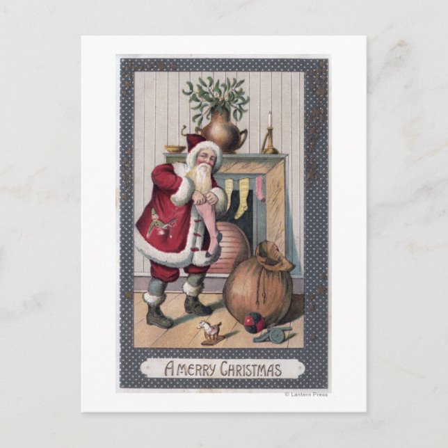Weihnachten GreetingSanta, das Strümpfe anfüllt (Vorderseite)