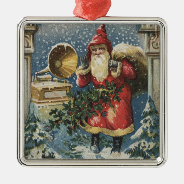Weihnachten GreetingSanta und Rekordspieler Ornament Aus Metall (Vorne)