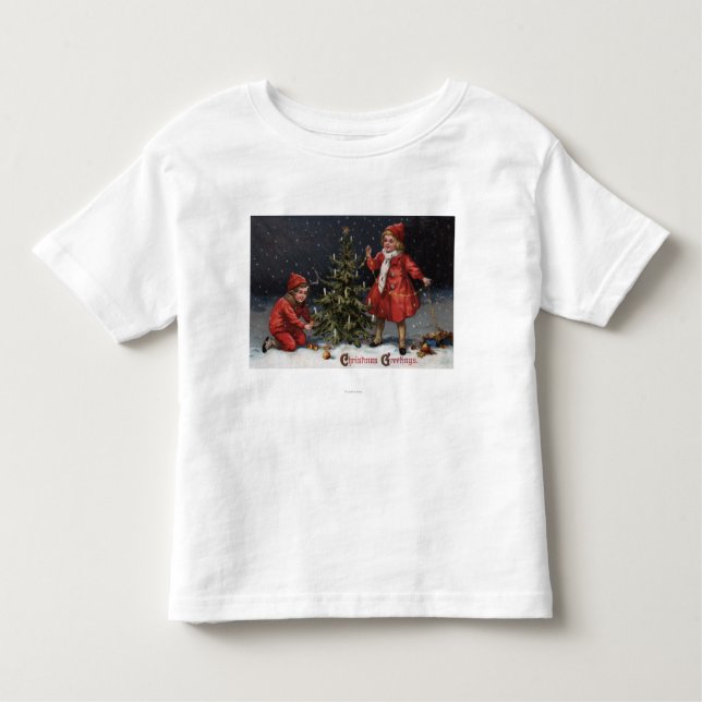 Weihnachten GreetingsKids, das einen Baum verziert Kleinkind T-shirt (Vorderseite)