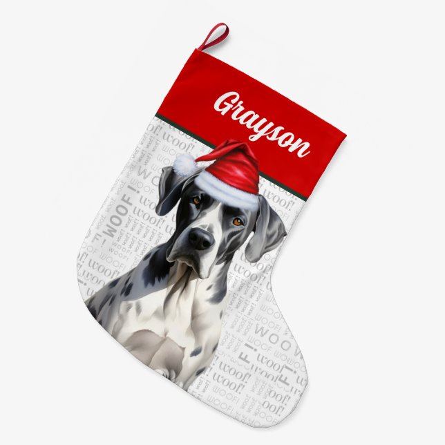 Weihnachten Große Dane Hund mit Name Woof Hintergr Großer Weihnachtsstrumpf (Vorderansicht (hängend))
