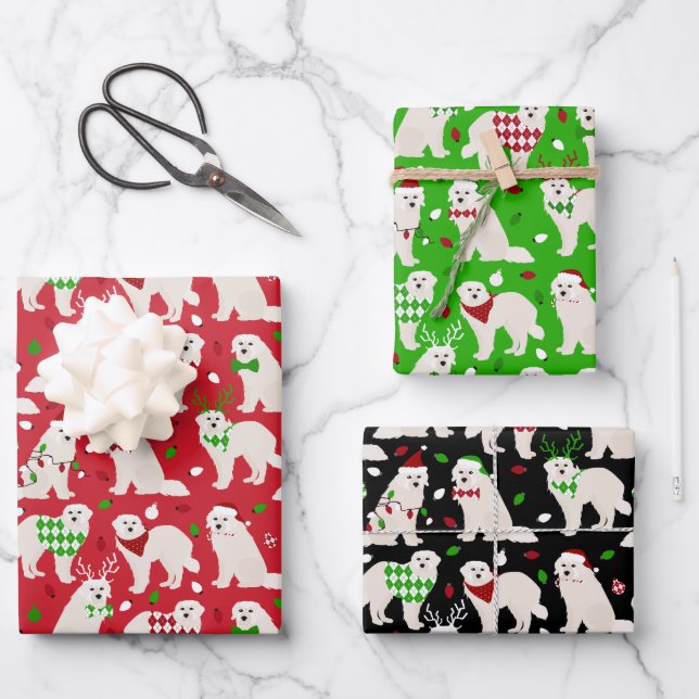 Weihnachten Große Pyrenäen Hunde Geschenkpapier Set (Vorderseite)